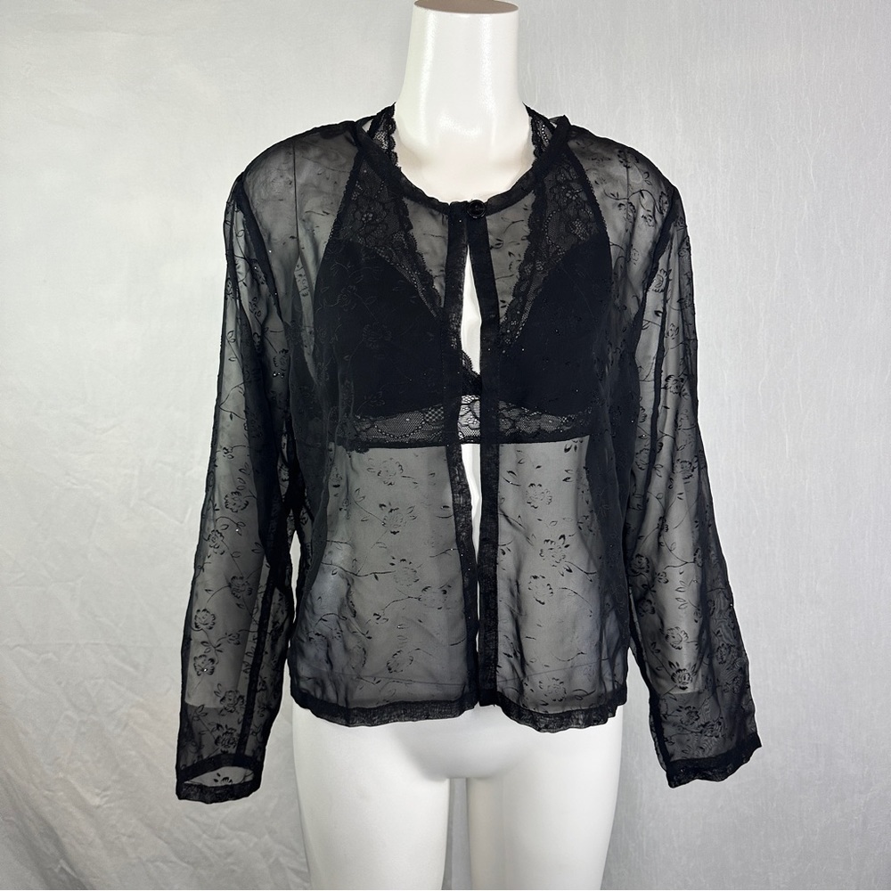 VINTAGE Sheer Open Front Cardigan Glitter Floral Blouse